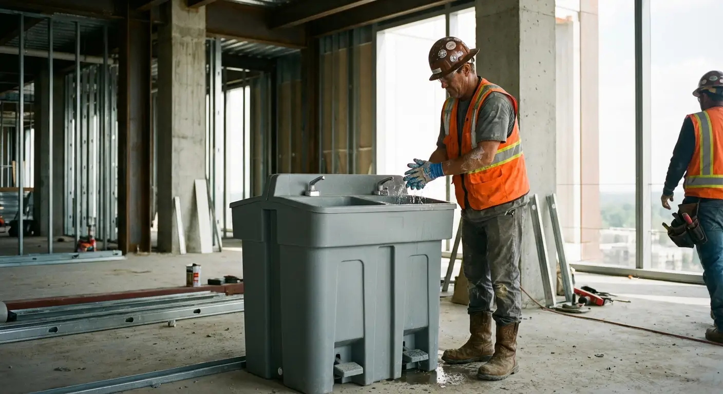 A dual-basin hand wash station positioned on a concrete floor of a high-rise construction site with the city skyline visible through open steel framing. in Bakersfield, CA