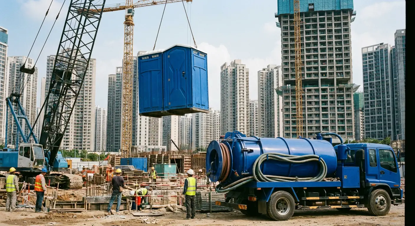 A High-Rise Crane Liftable Toilet unit suspended in mid-air by a crane against a city skyline during the day, showcasing the steel sling attachment. in Bakersfield, CA