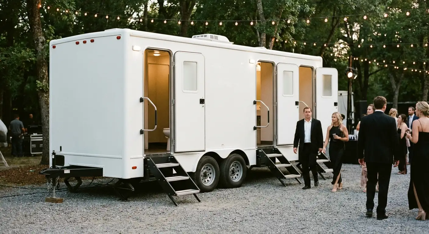 Exterior of a Luxury Restroom Trailer at an evening event, warm lighting spilling from the door, positioned discreetly near a manicured lawn. in Bakersfield, CA