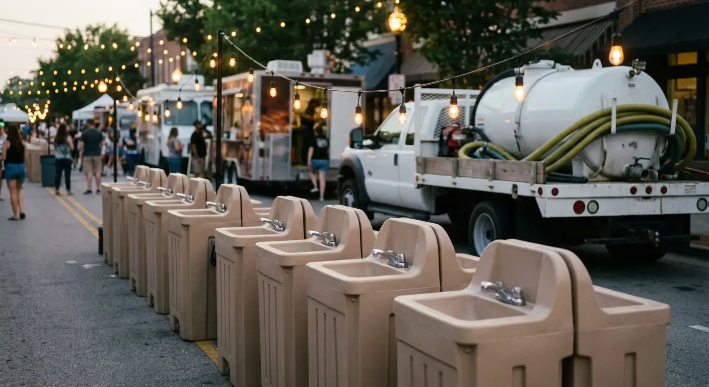A row of clean, grey portable hand wash stations set up on pavement near food trucks, with blurred festival lights and crowd in the background. in Bakersfield, CA