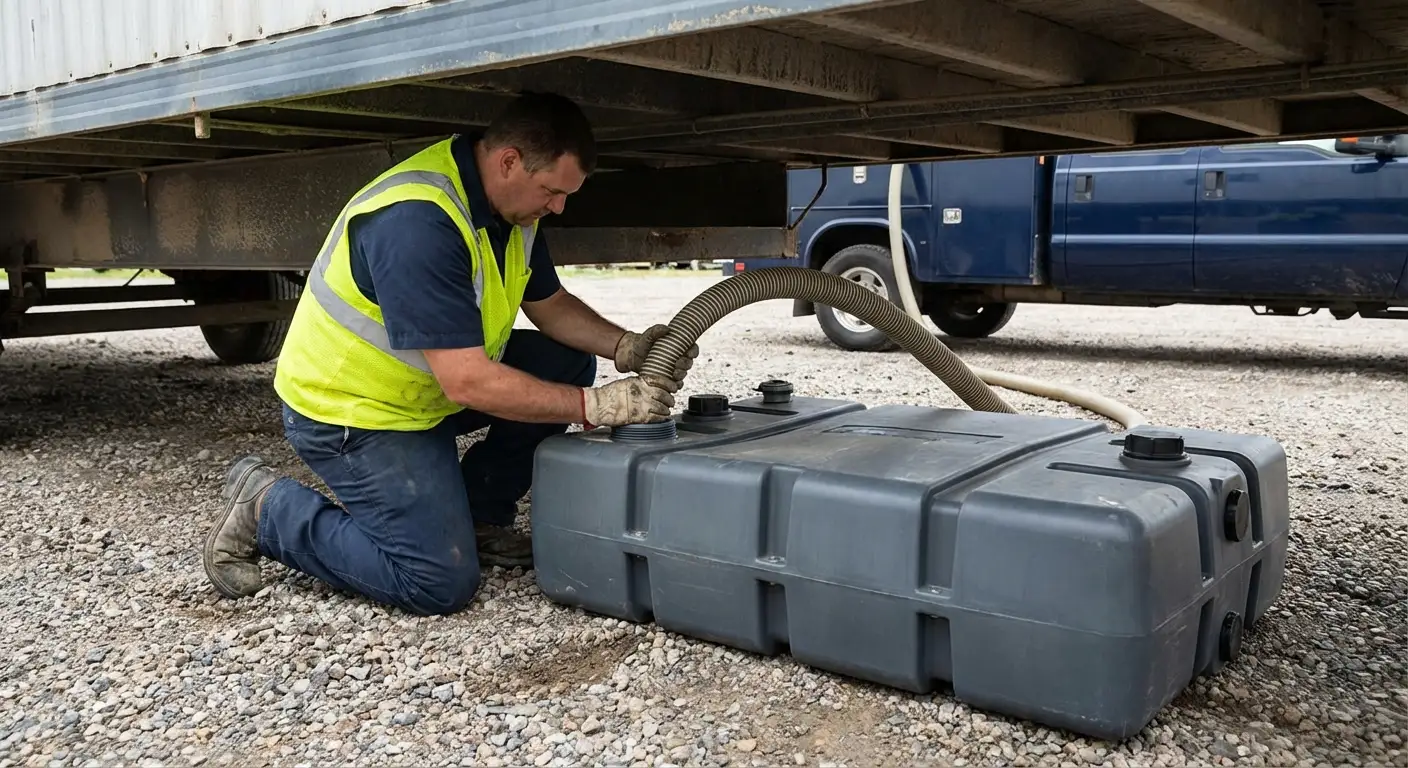 Kern County Portable Restrooms vacuum truck servicing a waste holding tank at a construction site in Bakersfield, CA