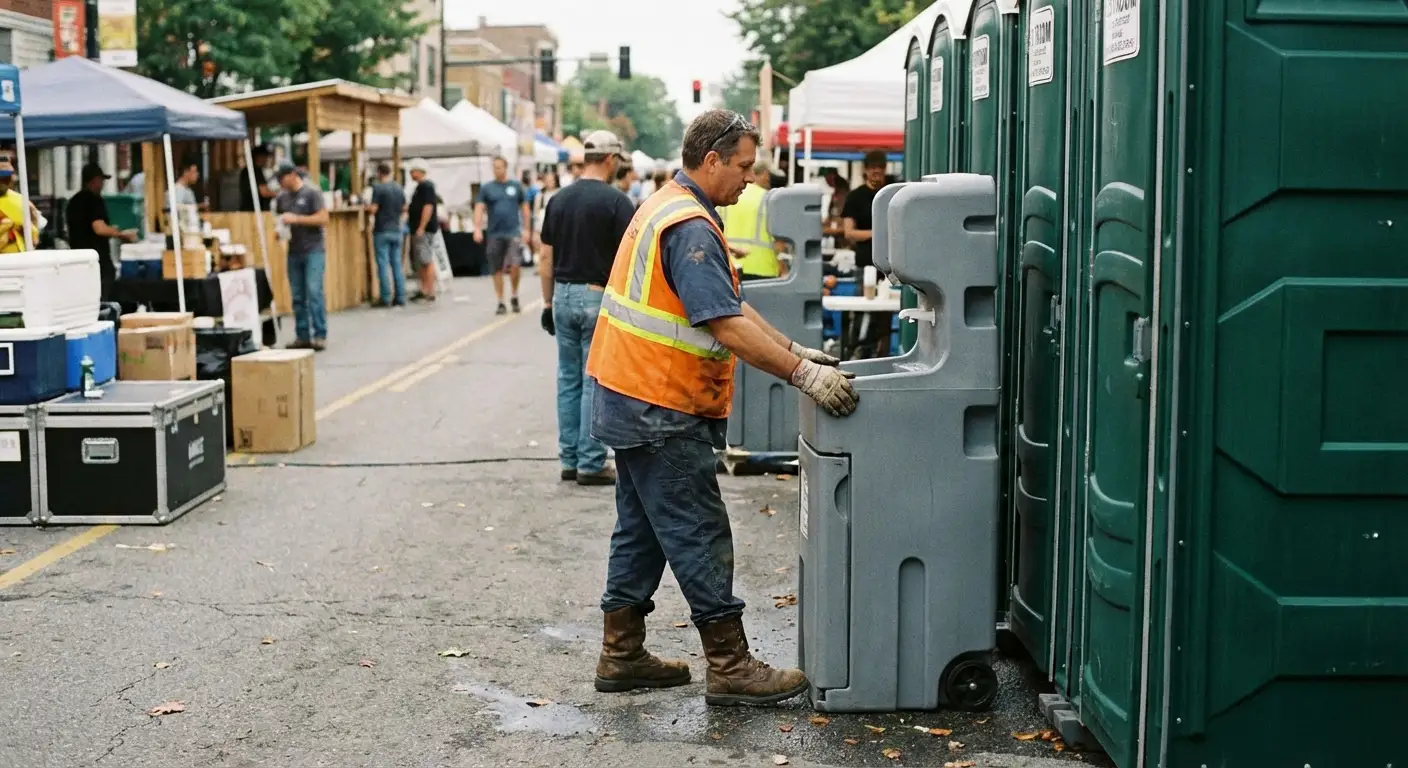 A row of pristine Special Event Portable Restrooms and hand wash stations lined up along a festival barrier with blurred crowds in the background. in Bakersfield, CA