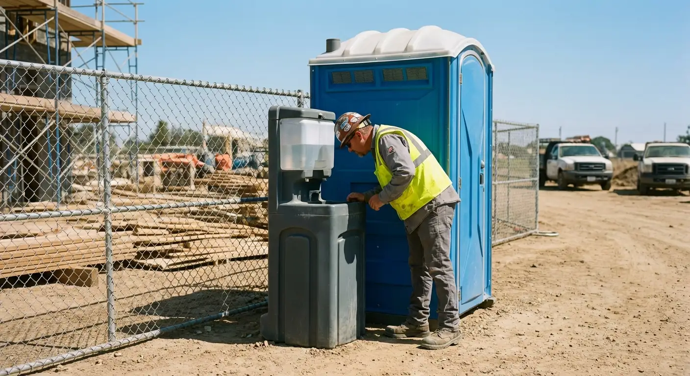 A close-up view of a portable hand wash station next to a portable toilet on a dirt construction site, focusing on the foot pump mechanism. in Bakersfield, CA