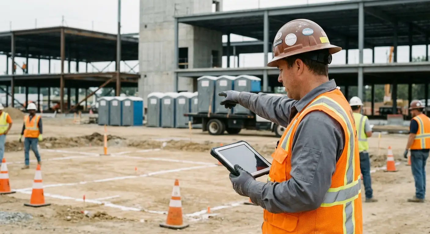 Construction site portable toilet placement planning in Bakersfield, CA