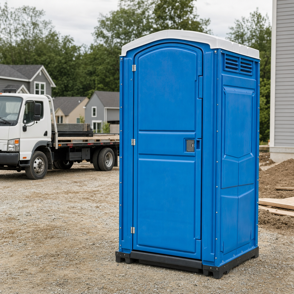 Delivery driver positioning a clean royal-blue portable toilet on level ground at a Bakersfield worksite