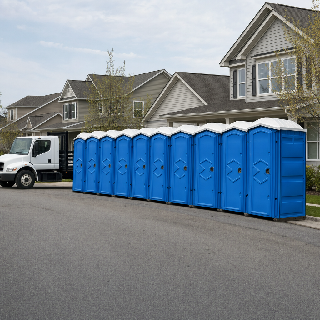 Royal blue portable toilets staged in a tidy row at a Bakersfield jobsite, ready for delivery